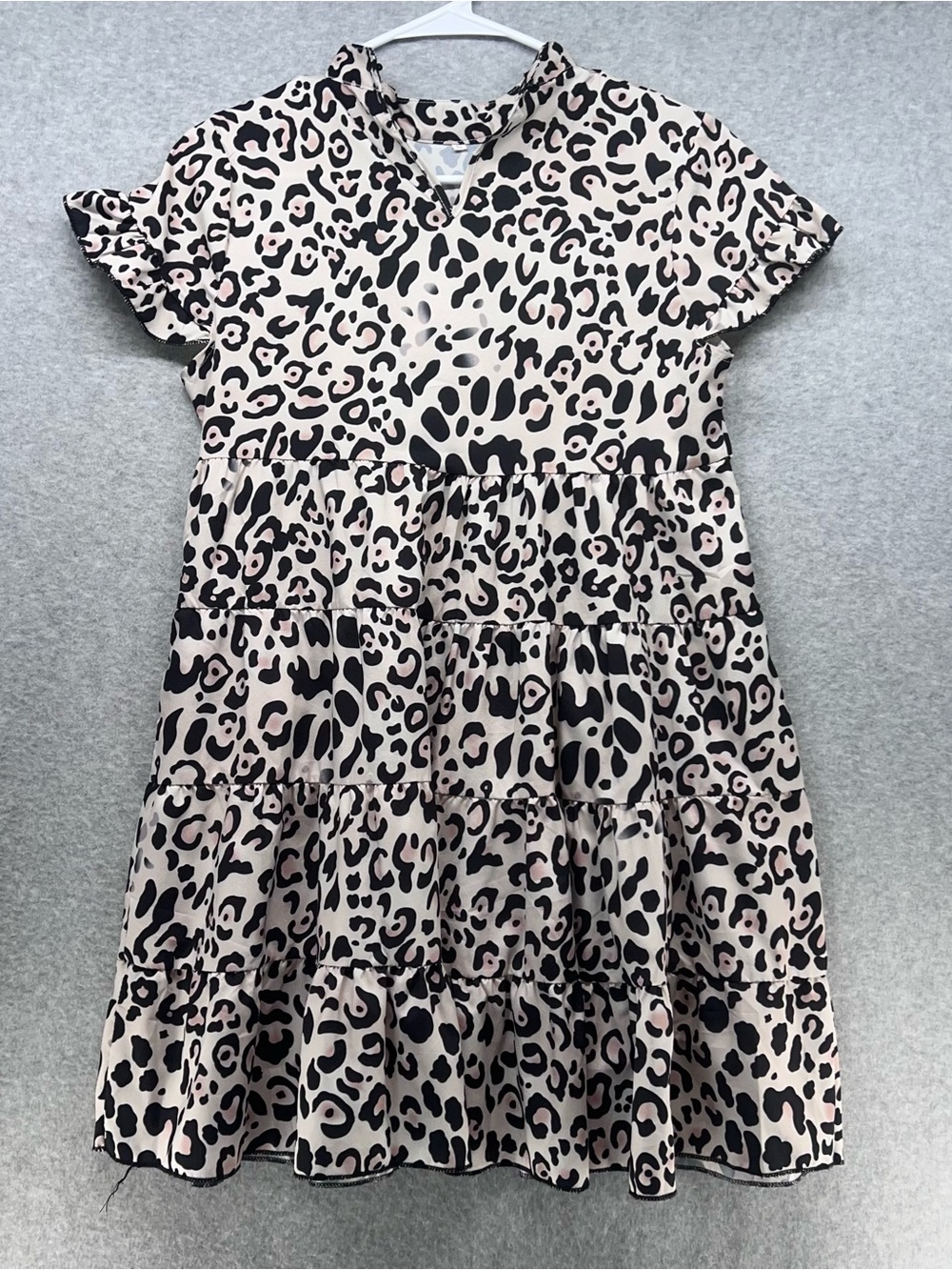 Tiered Pink Leopard-Print Mini Dress with V-Neck